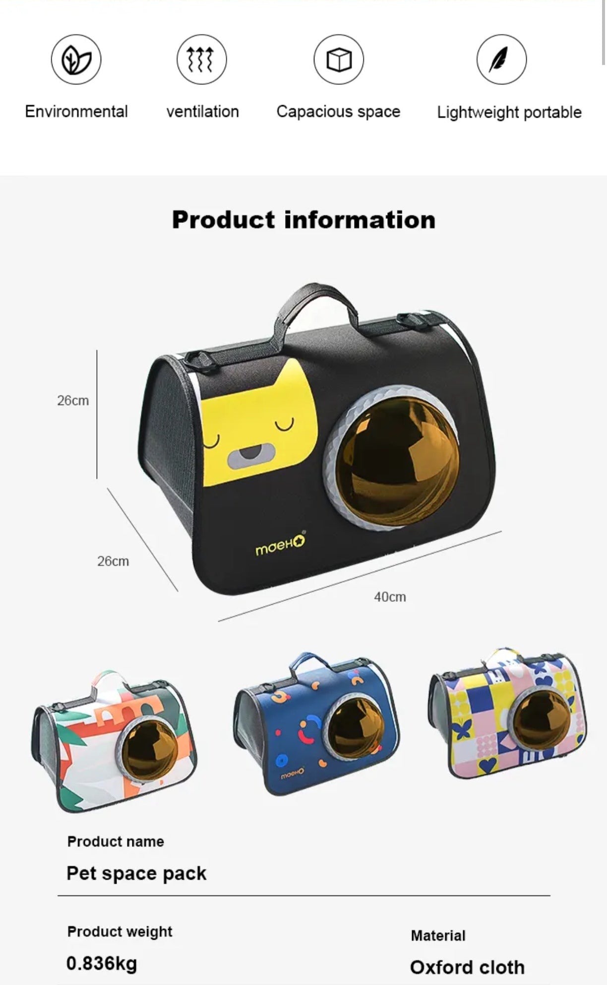 Petovia Portable Cat Carrier Bag | Stylish Space Capsule Shoulder Bag for Cats | Breathable & Large Capacity