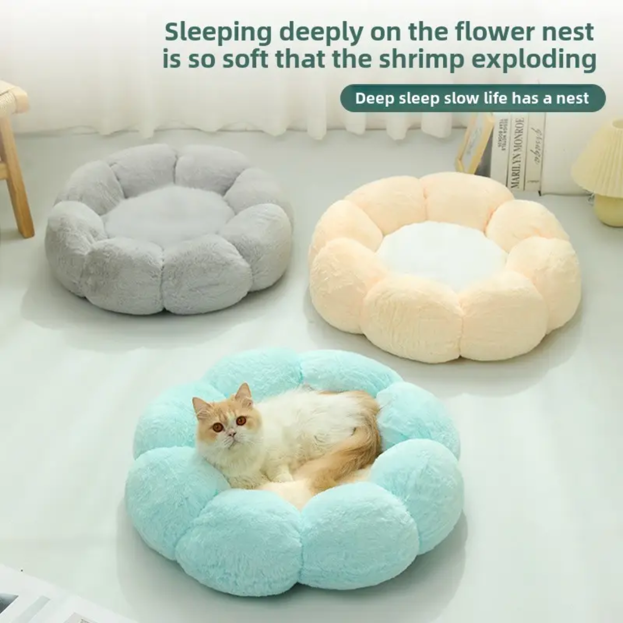 Petovia Flower-Shaped Plush Cat Bed | Cozy Neck-Support Pet Nest