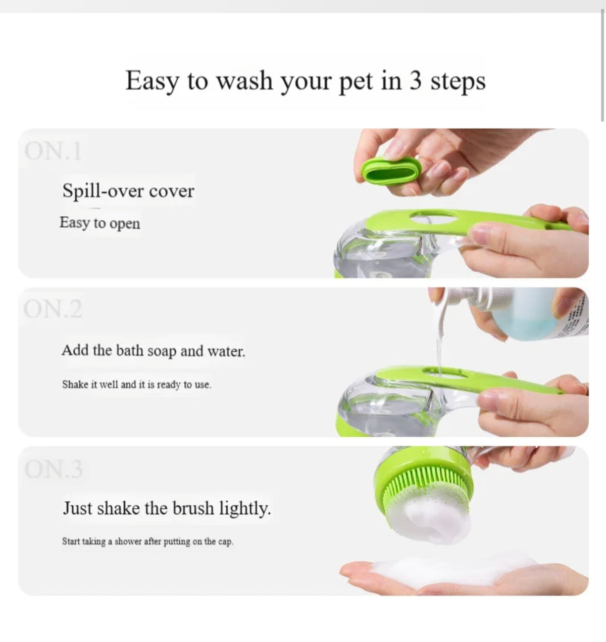 Petovia One-Press Water-Flow Bath Brush – Easy Pet Bathing & Massage Tool