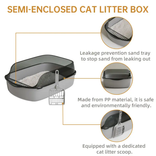 Petovia Thickened Semi-Enclosed Cat Litter Box with Splash-Proof Walls & Free Scoop